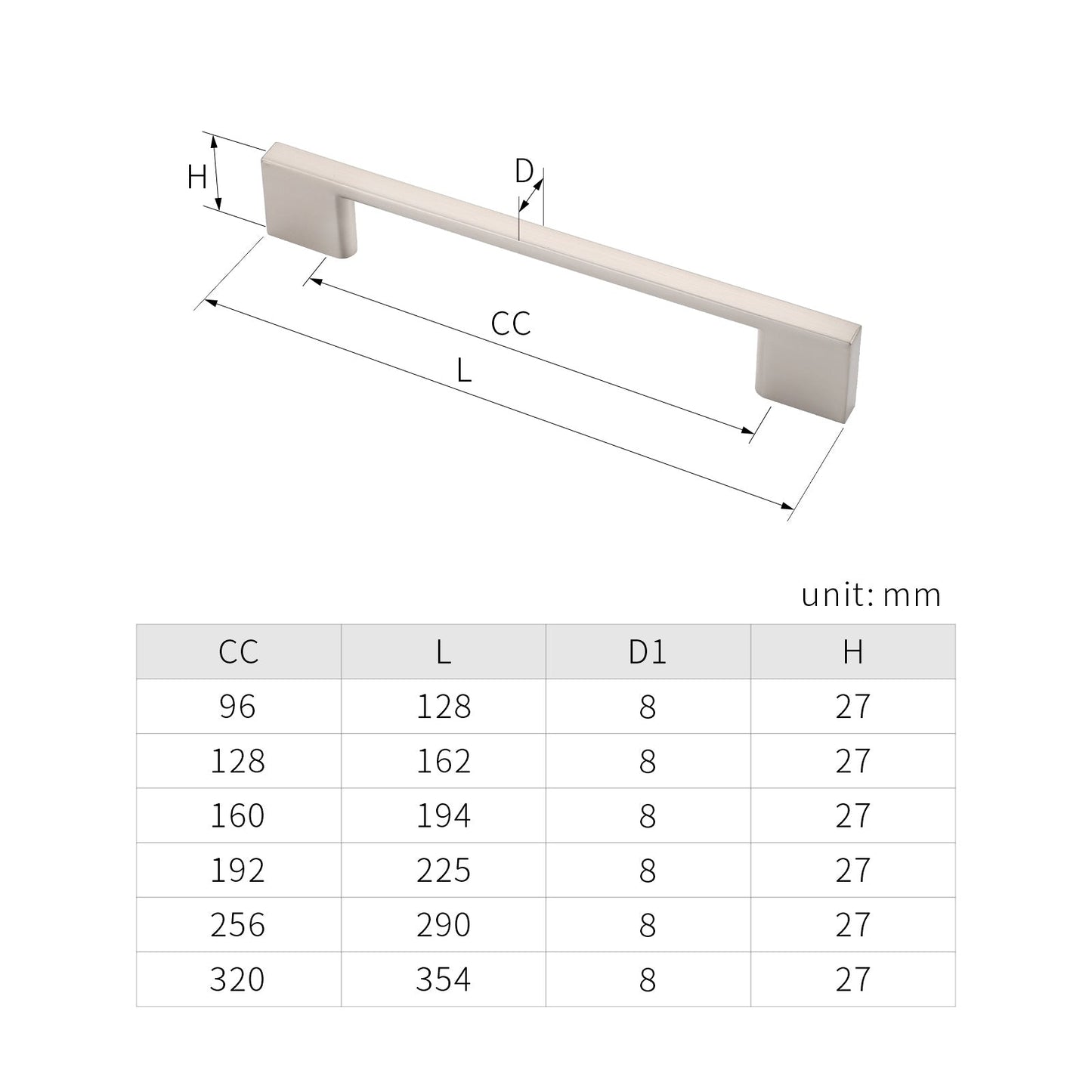 H-1165-160 6-5/16 in. (H-2008A) (160 mm) Center-to-Center Cabinet Thin Square Pull Handle