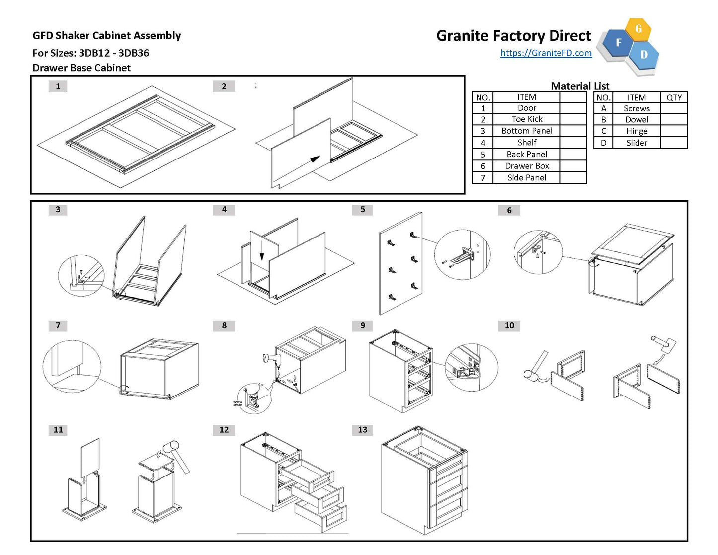 3DB30 Shaker 3-Drawer Base Cabinet 30"Wx34-1/2"Hx24"D