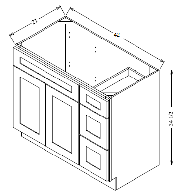 VDB4221R Vanity Sink 3-Drawers Right Side Drawer 42"Wx34-1/2"Hx21"D