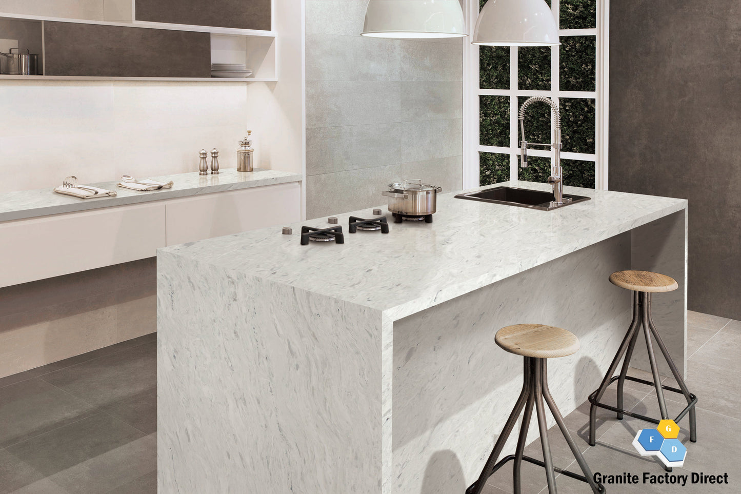 White Fusion Quartz GFD121 Countertop Prefab and Slab for sale