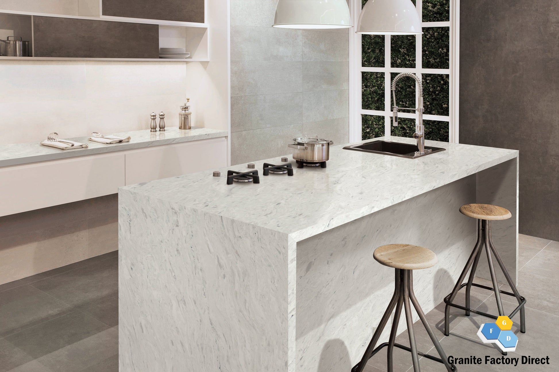 White Fusion Quartz GFD121 Countertop Prefab and Slab for sale