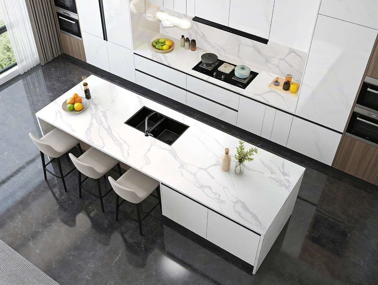 Elegant display kitchen featuring Calacatta Premium quartz stone countertop kitchen island and backsplash