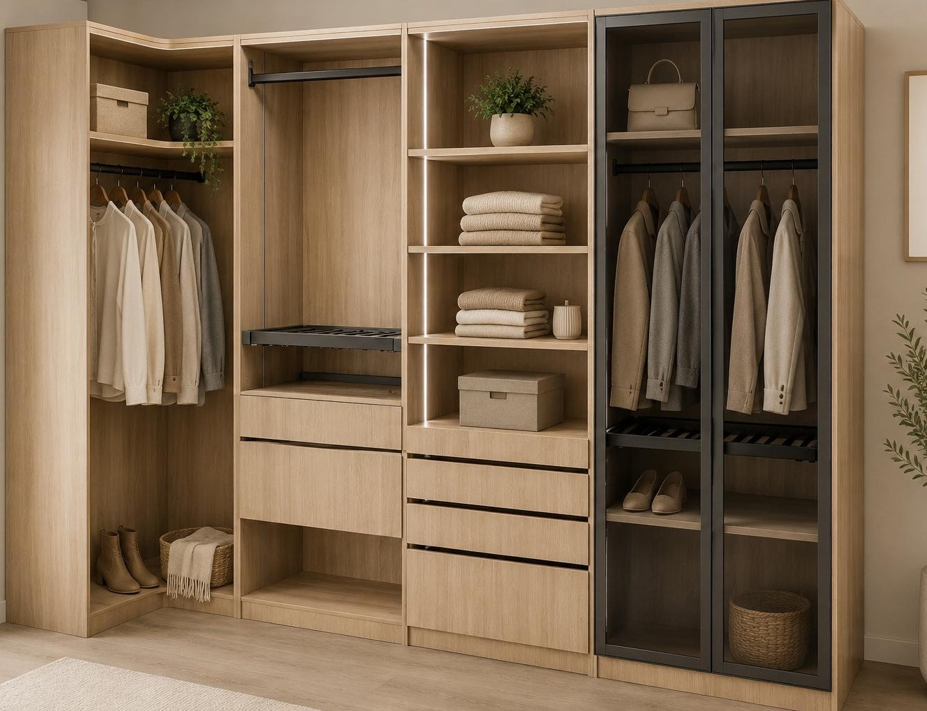 Clean elegant white closet system with spacious drawers, closet hanging rods, stackable closets and shelving