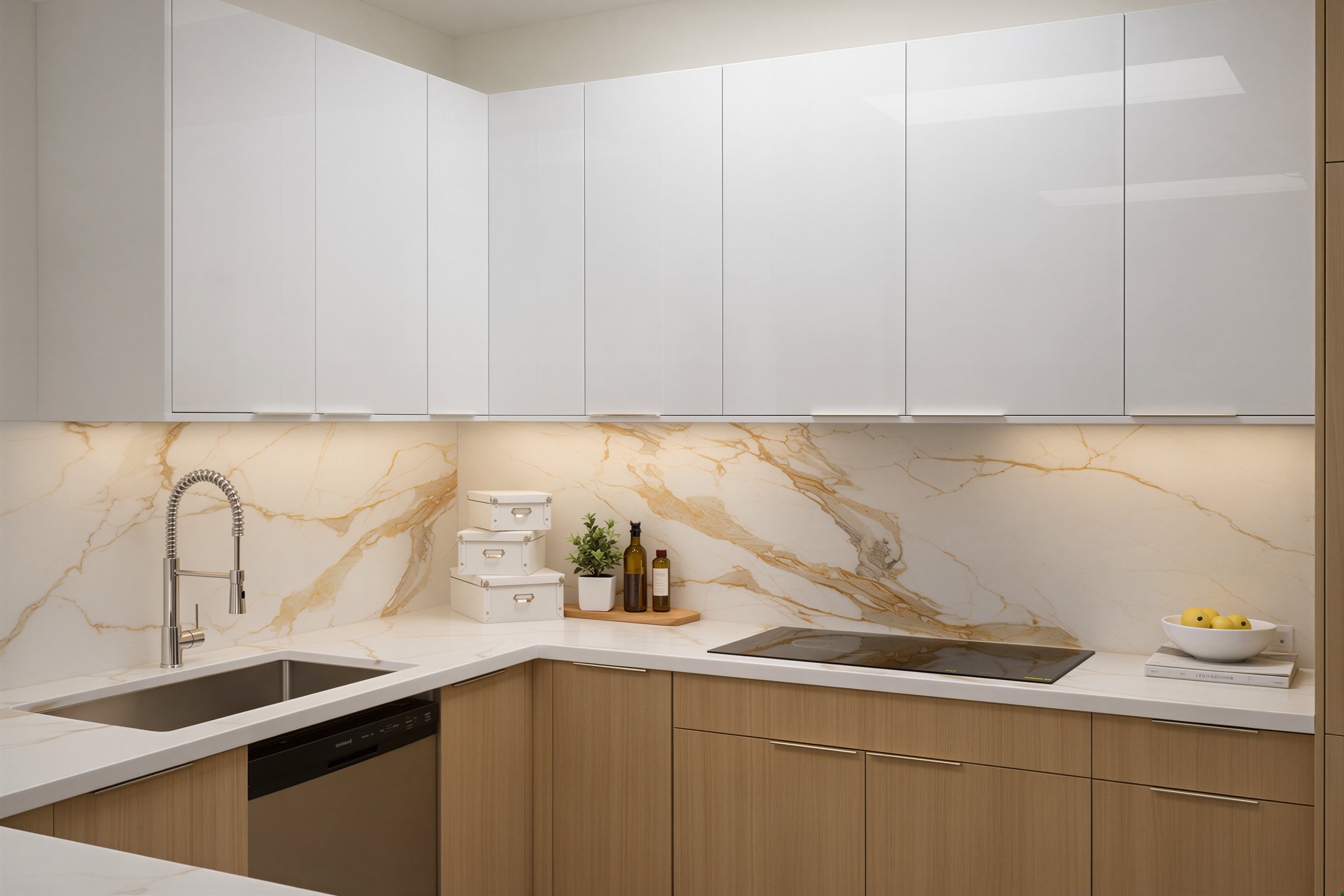 Las Vegas Showroom kitchen with glossy white european frameless cabinets, oak european frameless base cabinets, dramatic marble-look quartz backsplash, stainless steel undermount sink, and contemporary pull-down faucet.