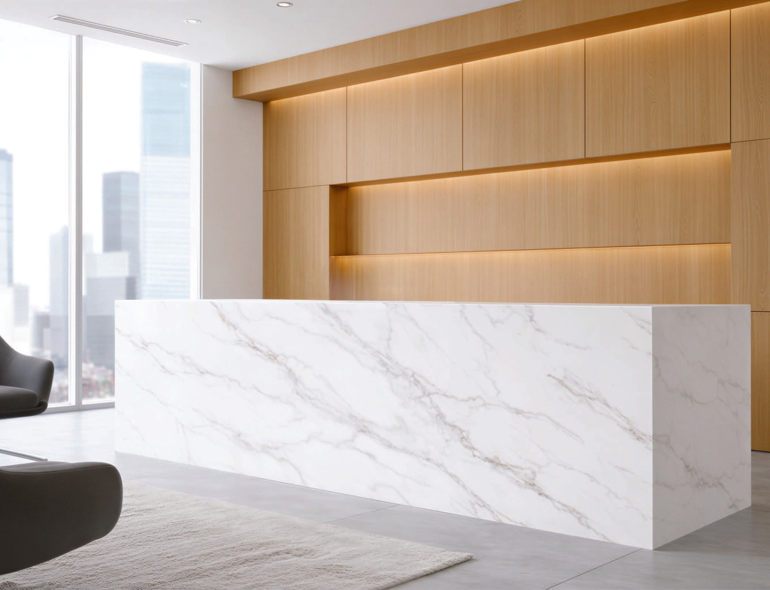 Clean kitchen with white upper slim shaker cabinets, green lower slim shaker cabinets, white floating shelves, gold hardware, white quartz countertops and backsplash, stainless steel undermount sink, and modern pull-down faucet.