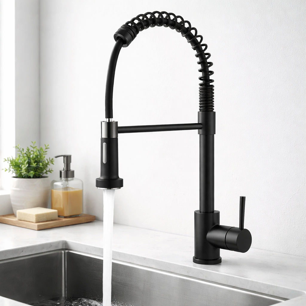 Matte black commercial-style kitchen faucet with spring pull-down sprayer installed beside a stainless steel undermount sink