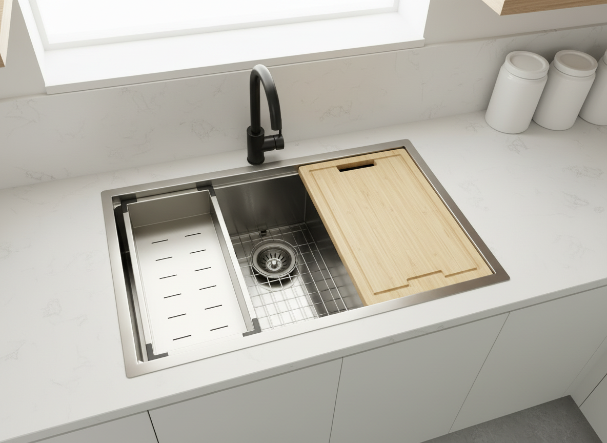 Stainless steel workstation kitchen sink with integrated accessories, bamboo cutting board, drying rack, black pull-down faucet