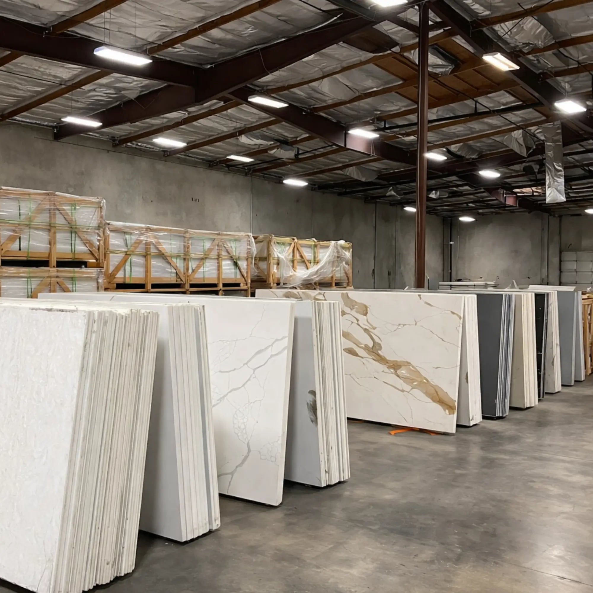 Large quartz and stone countertop slabs displayed inside the GFD Cabinetry Las Vegas warehouse showroom with polished surfaces and marble-look patterns.
