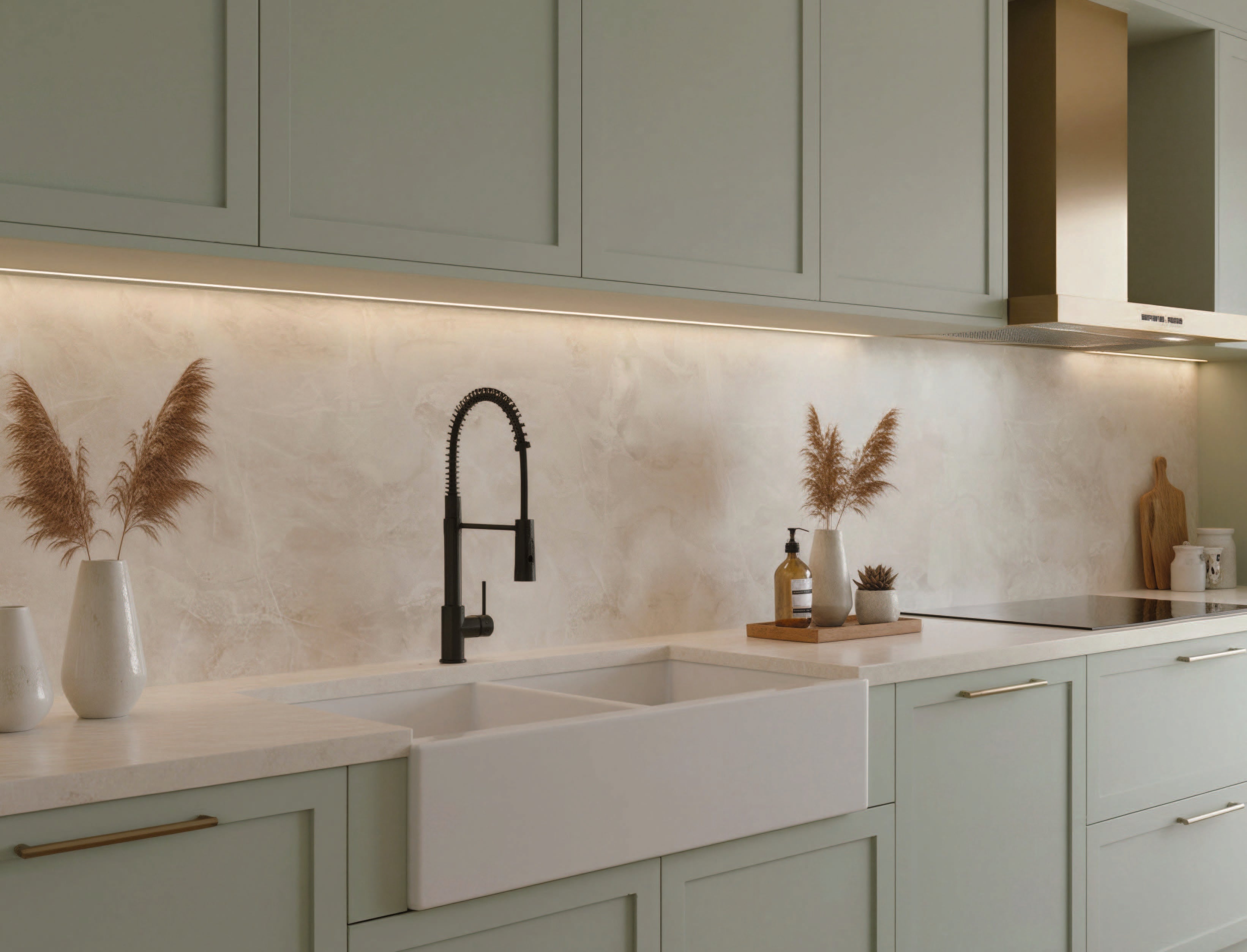Clean kitchen with white upper slim shaker cabinets, green lower slim shaker cabinets, white floating shelves, gold hardware, white quartz countertops and backsplash, stainless steel undermount sink, and modern pull-down faucet.